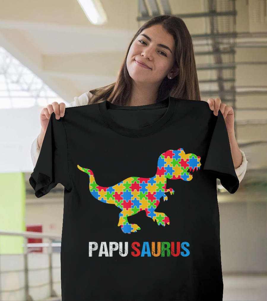 Theres This Boy He Calls Me Papu Autism Awareness Papusaurus Dinosaur Puzzle T-Shirt