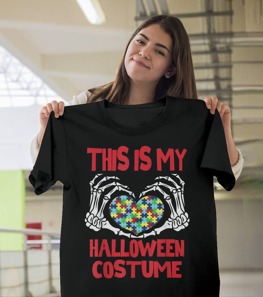 This Is My Halloween Costume Skeleton Hands Puzzle Heart Autism Awareness T-Shirt