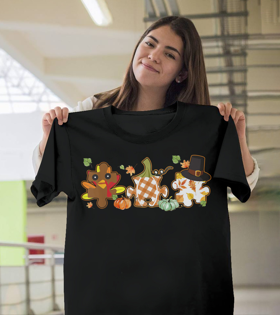 Turkey Puzzle Autumn Pumpkin Fall Leaves Thanksgiving Autism Awareness T-Shirt