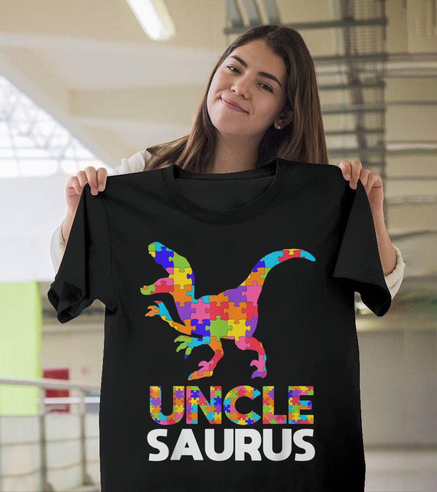 Uncle Saurus Autism Awareness Puzzle Dinosaur T-Shirt
