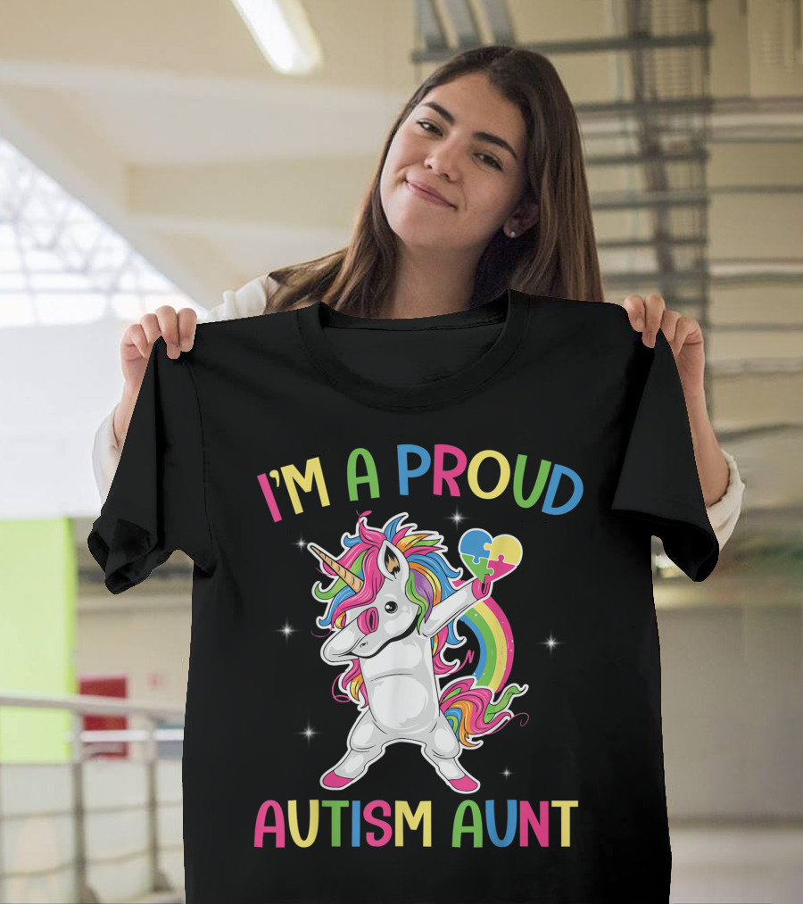 I'm a Proud Autism Aunt Unicorn Dabbing with Puzzle Heart T-Shirt