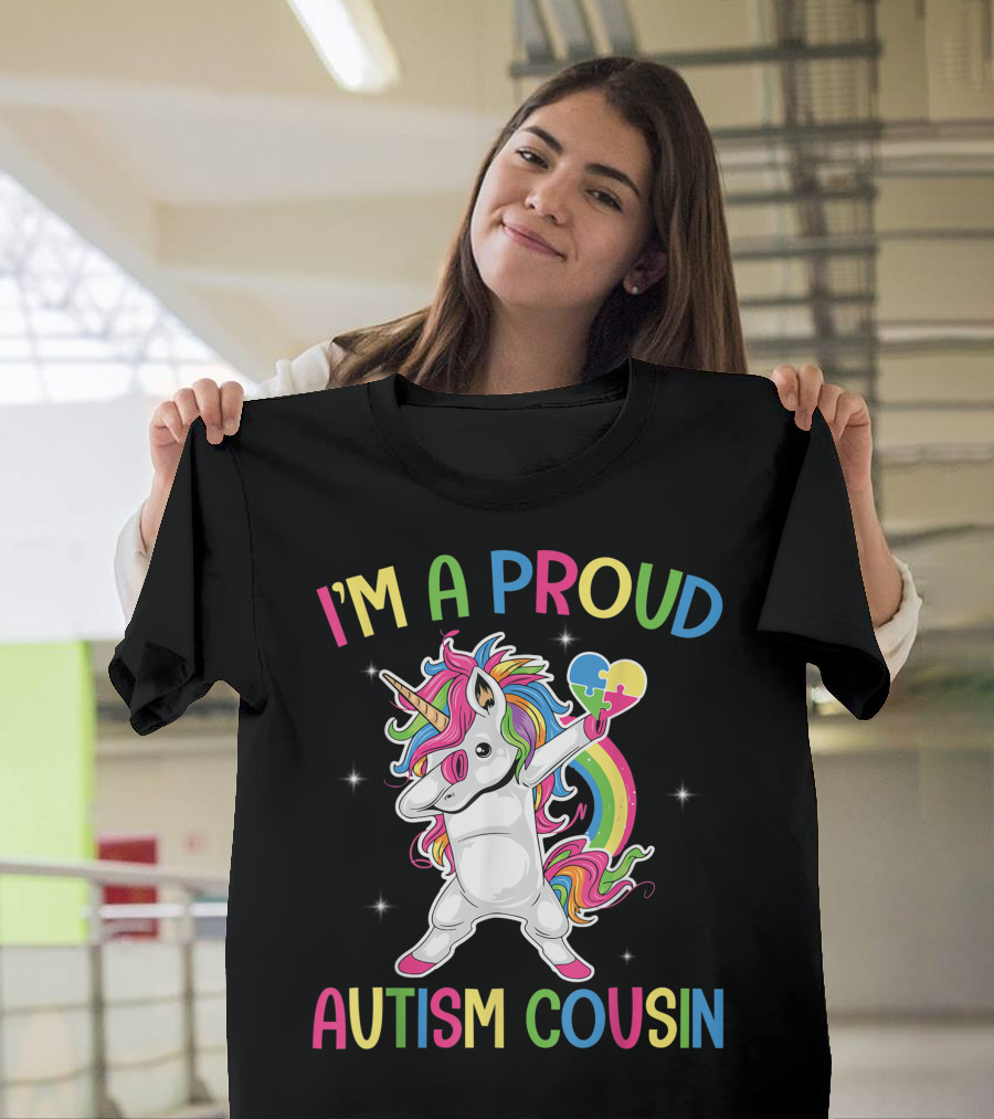 I'm a Proud Autism Cousin Unicorn Dabbing with Puzzle Heart T-Shirt