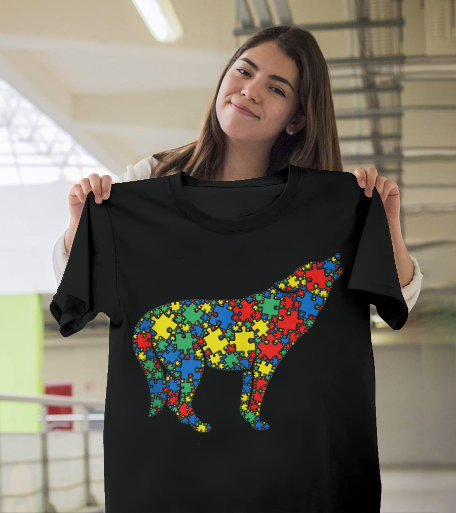 Wolf Autism Awareness Puzzle Pattern Men Kids T-Shirt