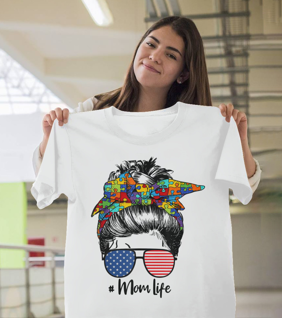 Autism Awareness Mom Life Puzzle Bandana American Flag Glasses T-Shirt