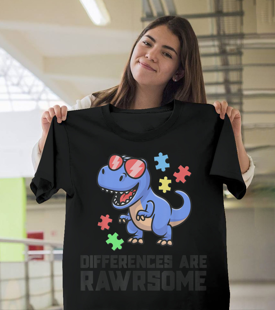 Differences Are Rawsome Autism Dinosaur T-Rex Awareness Puzzle Piece T-Shirt