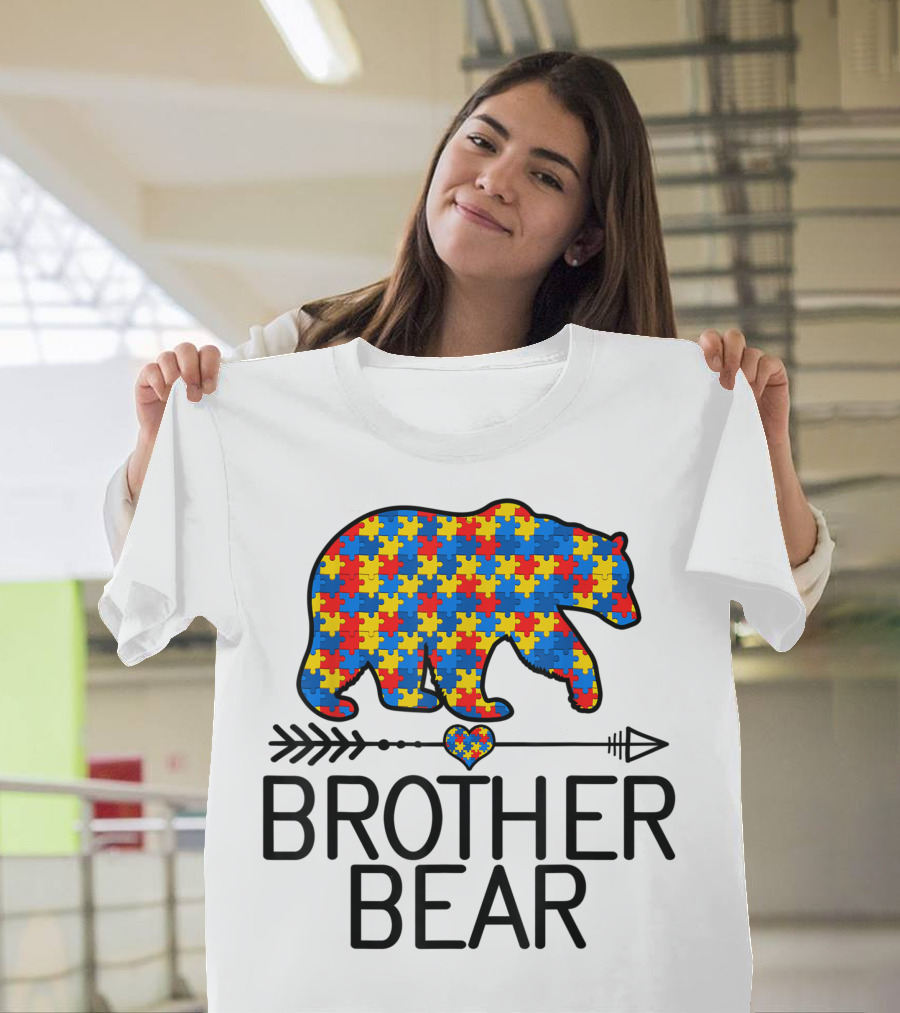 Brother Bear Puzzle Piece Autism Awareness Support Autistic Heart Arrow T-Shirt