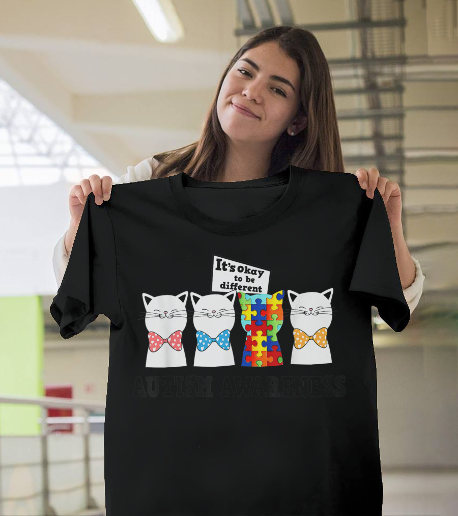 Its Okay To Be Different Autism Awareness Cats with Puzzle Piece T-Shirt