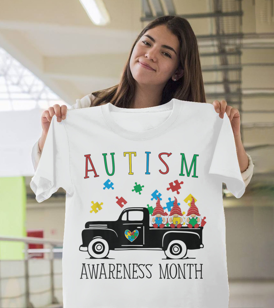 Autism Awareness Month Truck Gnomes Puzzle Pieces T-Shirt