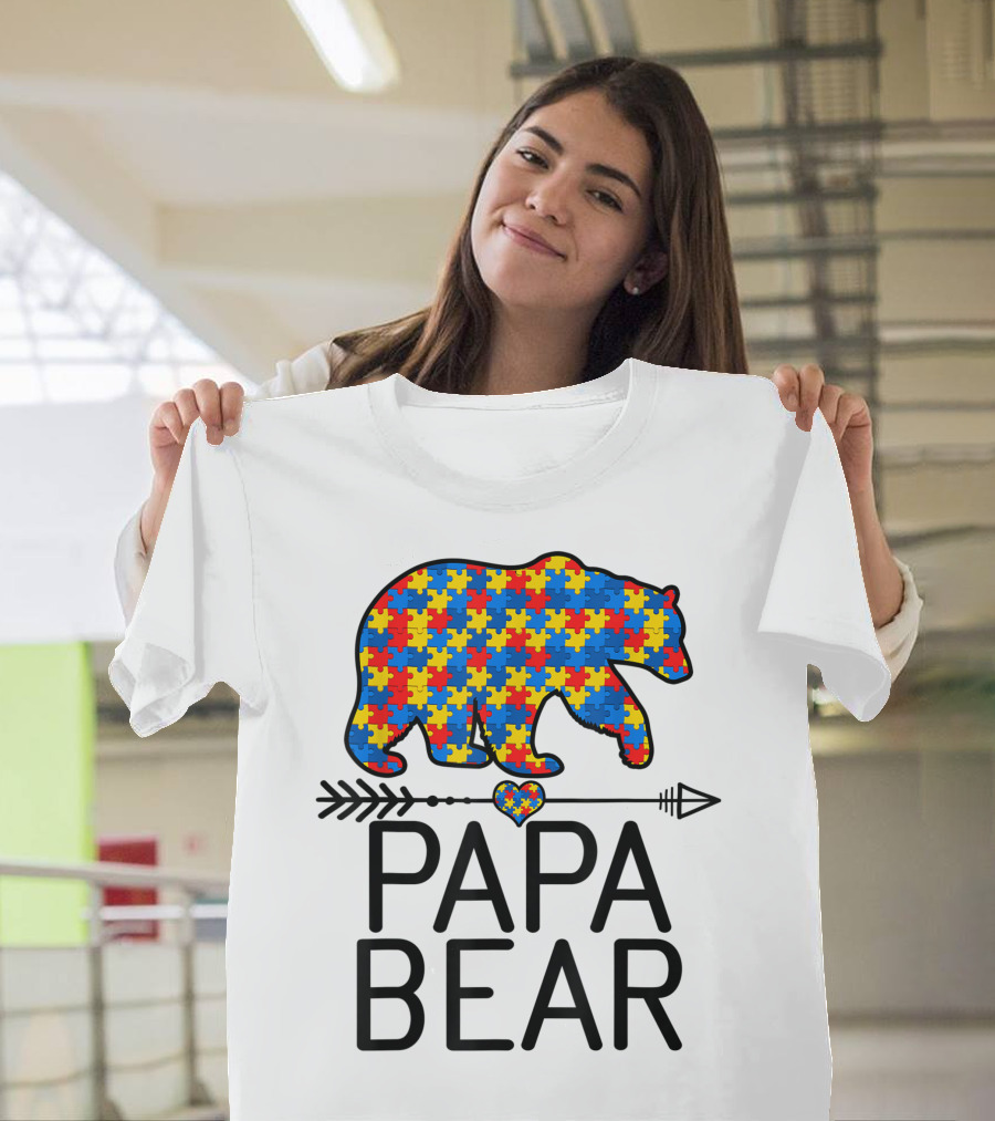 Papa Bear Puzzle Piece Heart Autism Awareness Support Autistic T-Shirt