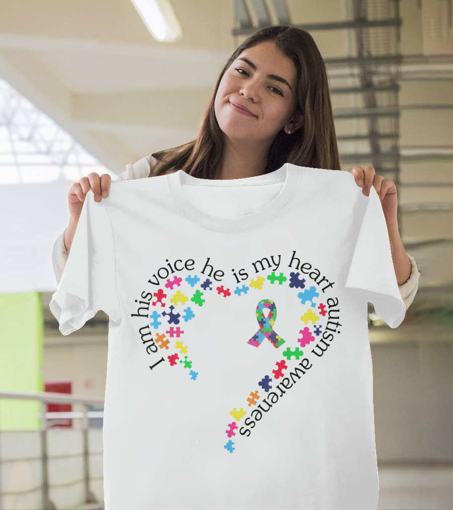I Am His Voice He Is My Heart Autism Awareness Ribbon Puzzle T-Shirt