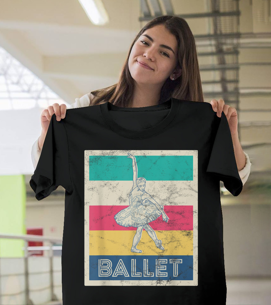 Vintage Style Retro Ballet Dancer Multicolor Stripes T-Shirt