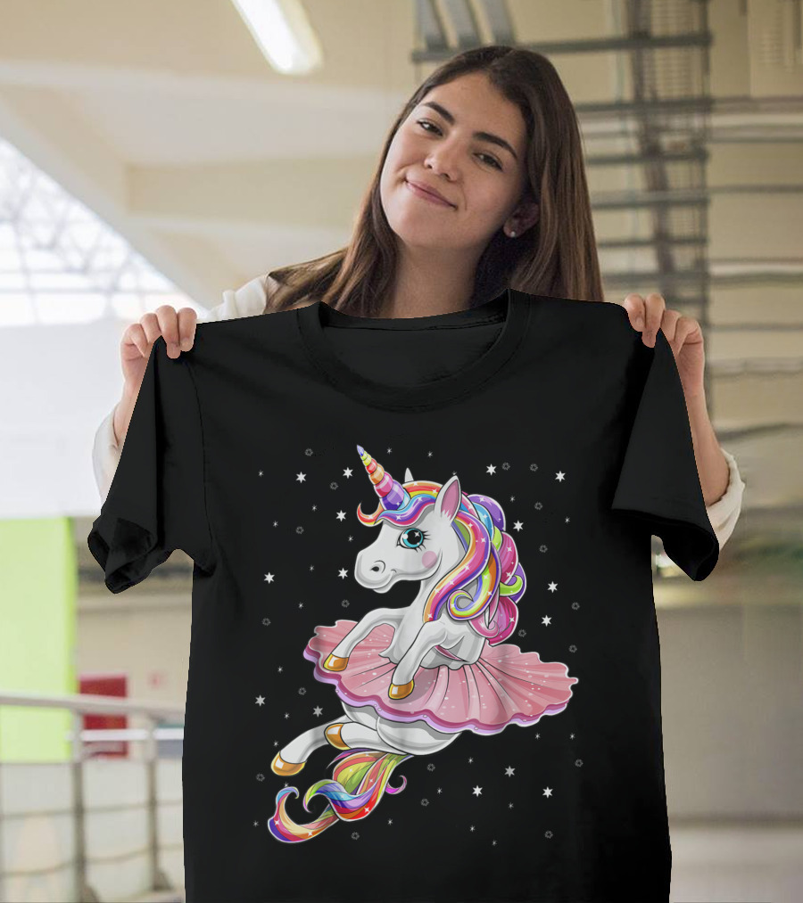 Rainbow Unicorn Ballet Tutu Ballerina with Stars T-Shirt