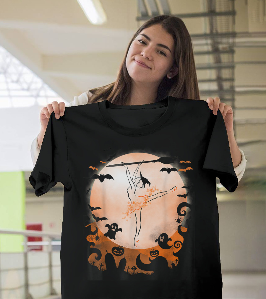 Vintage Halloween Ballerina with Broomstick and Ghosts Moon Scene T-Shirt