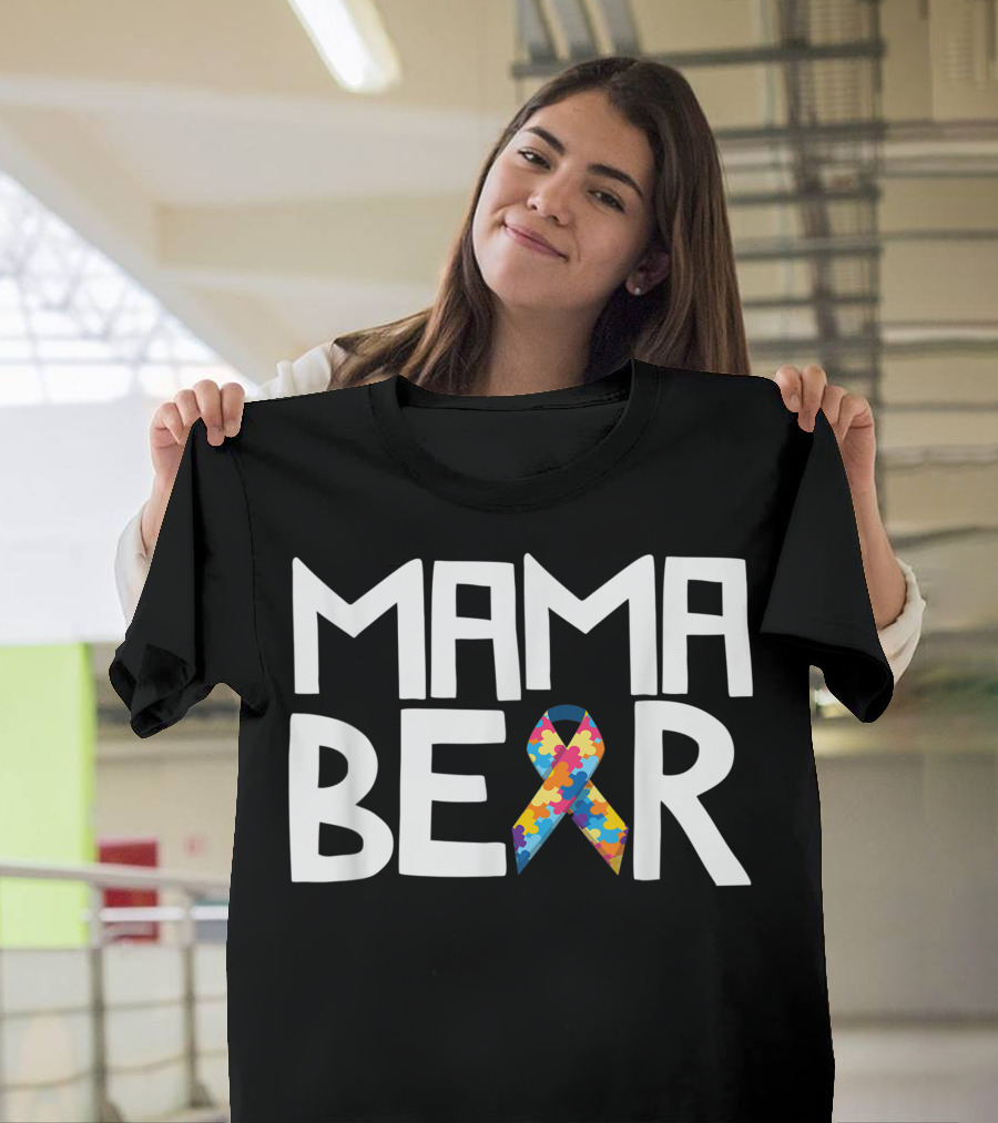 Mama Bear Autism Awareness Puzzle Ribbon Mom T-Shirt