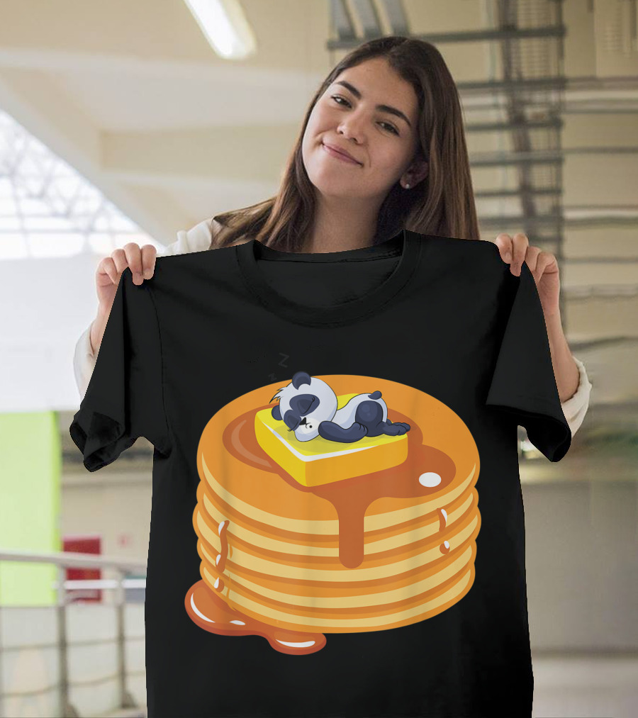 Baby Panda Sleeping on Pancake Stack with Butter and Syrup T-Shirt