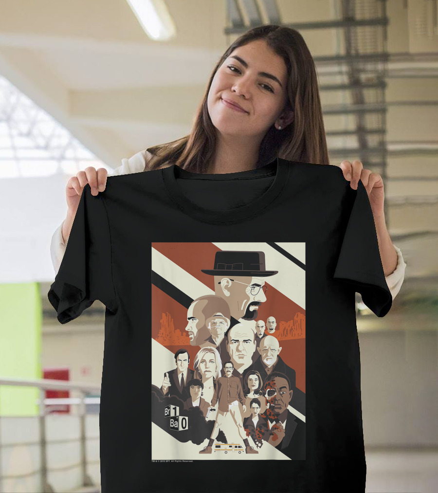 Breaking Bad 10th Anniversary Br Ba Character Collage with Iconic Figures and RV Scene T-Shirt