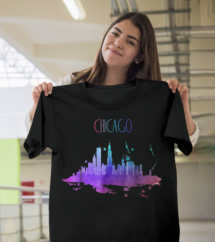 Chicago Watercolor Skyline Skyline Art with Vibrant Colors T-Shirt