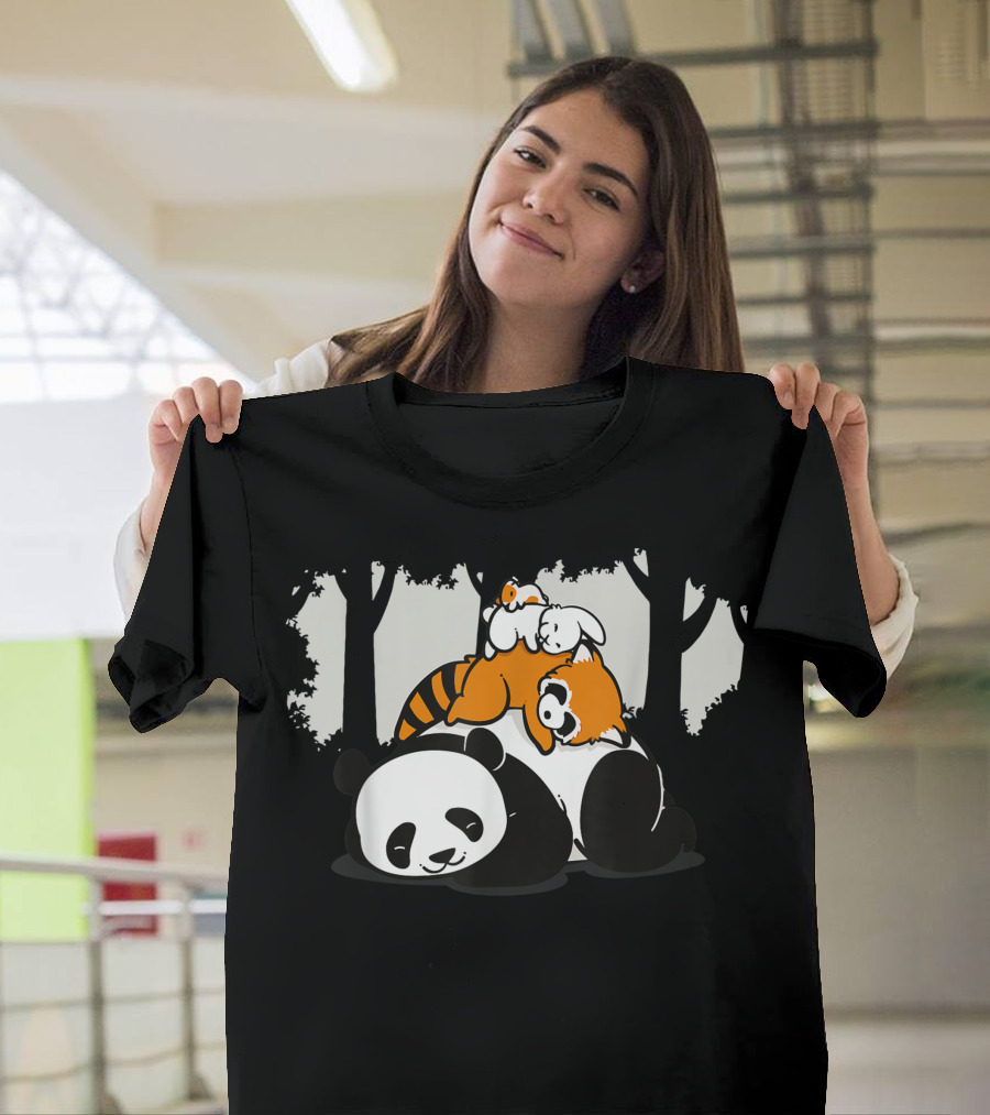 Cute and Classic Comfy Panda and Red Panda Resting in Forest T-Shirt