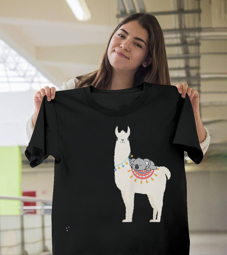 Cute Koala Napping on Decorated Llama Alpaca T-Shirt