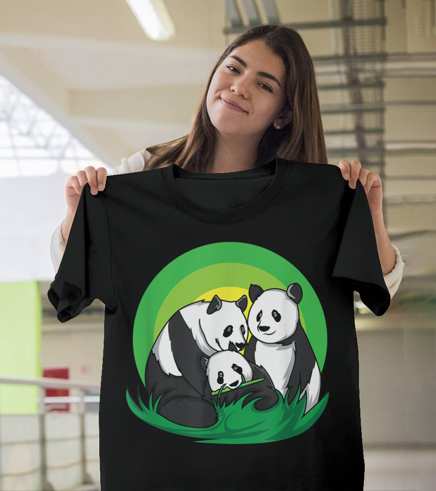 Cute Panda Bears Cuddling I Panda Family Green Background T-Shirt