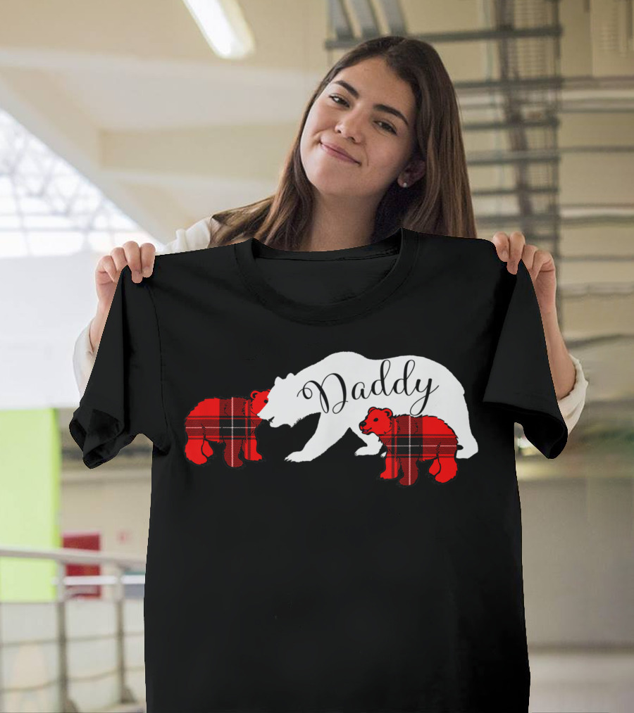 Daddy Bear with Two Red Plaid Cubs Christmas Father T-Shirt