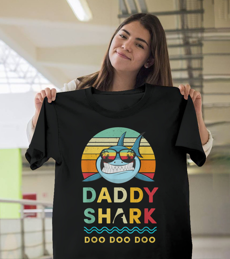 Daddy Shark Doo Doo Doo Retro Sunglasses Sunset Stripes T-Shirt