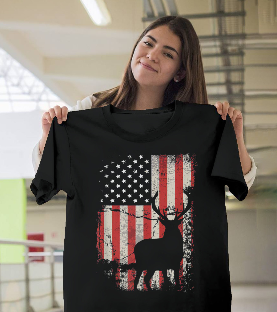 Deer Silhouette on American Flag Background T-Shirt