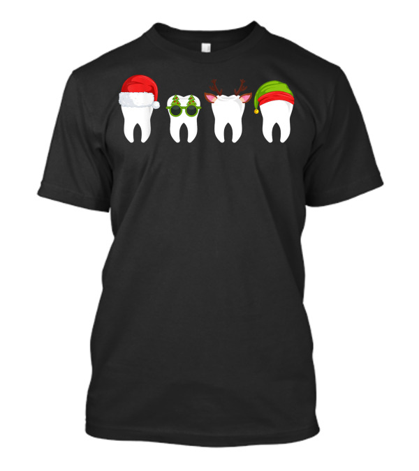 Dentist Christmas Tooth Dental With Xmas Hats Santa Reindeer Elf Sunglasses T-Shirt
