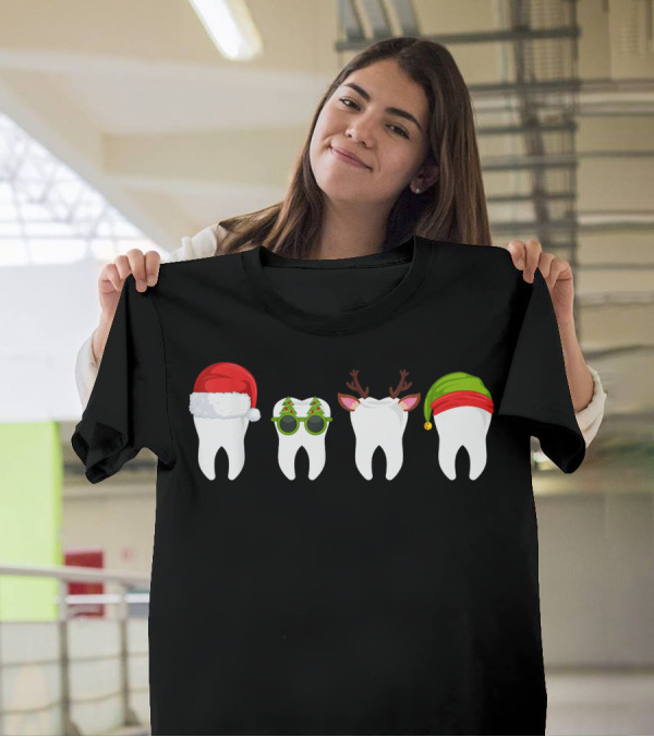 Dentist Christmas Tooth Dental With Xmas Hats Santa Reindeer Elf Sunglasses T-Shirt