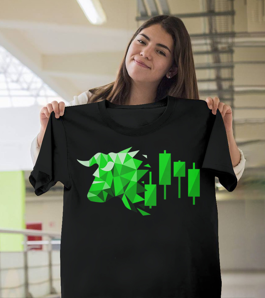 Forex Movement Bull Stock Market Investor Trader Green Geometric Bull and Candlestick Chart T-Shirt