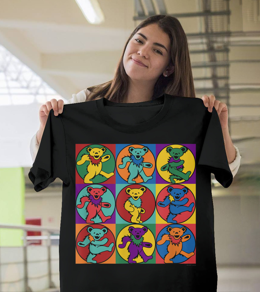 Gd Warhol Dancing Bears Not Fade Away Grateful Tortuga Nine Colorful Squares T-Shirt