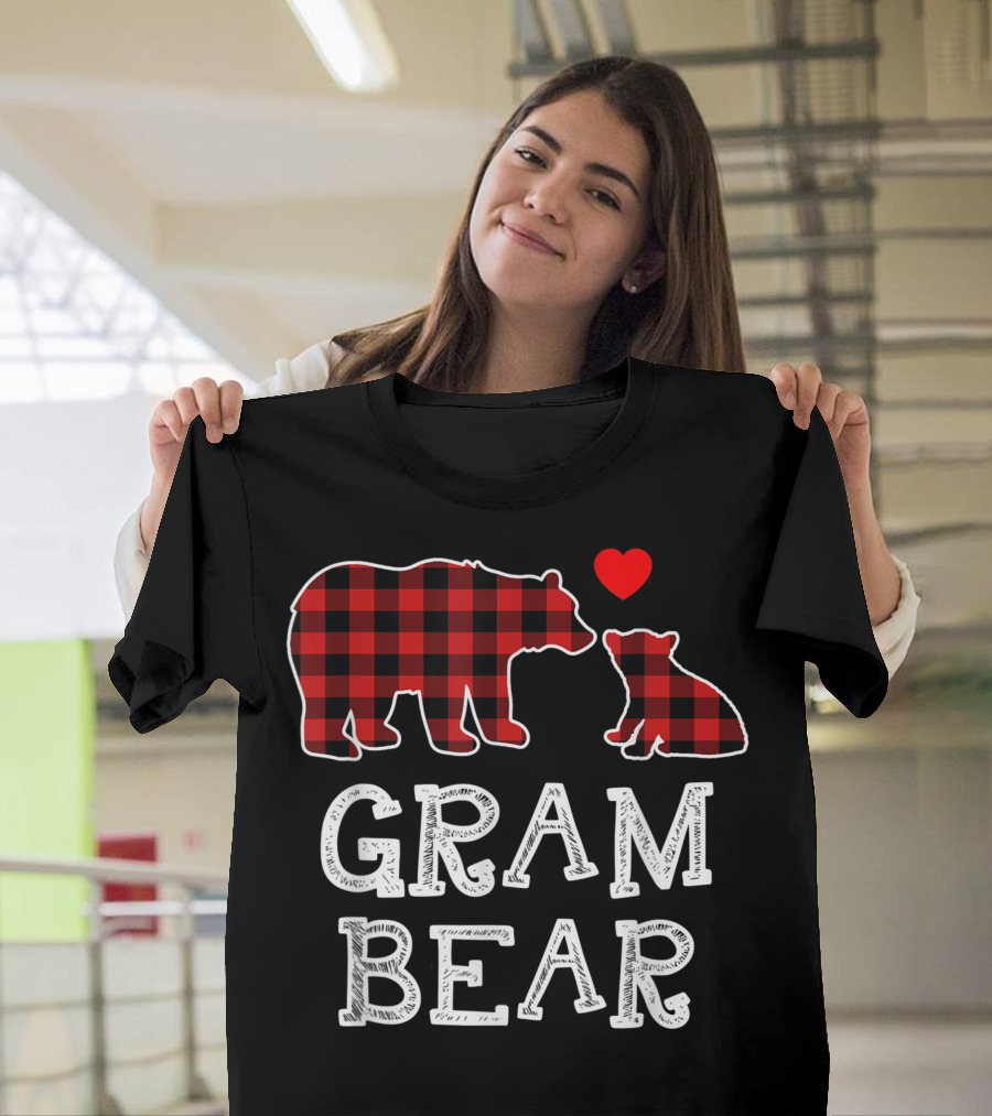 Gram Bear Christmas Red Plaid Buffalo Family Heart T-Shirt