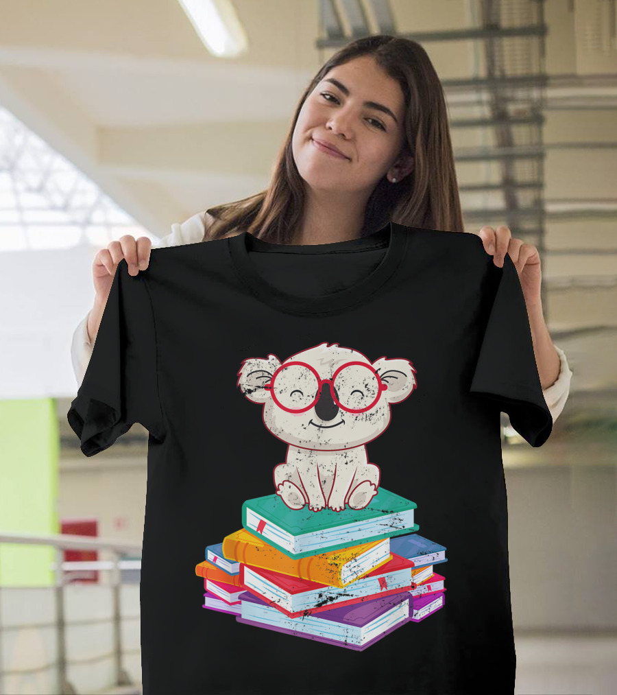 Koala Bear Librarian Reading Books Sitting on Colorful Stack T-Shirt