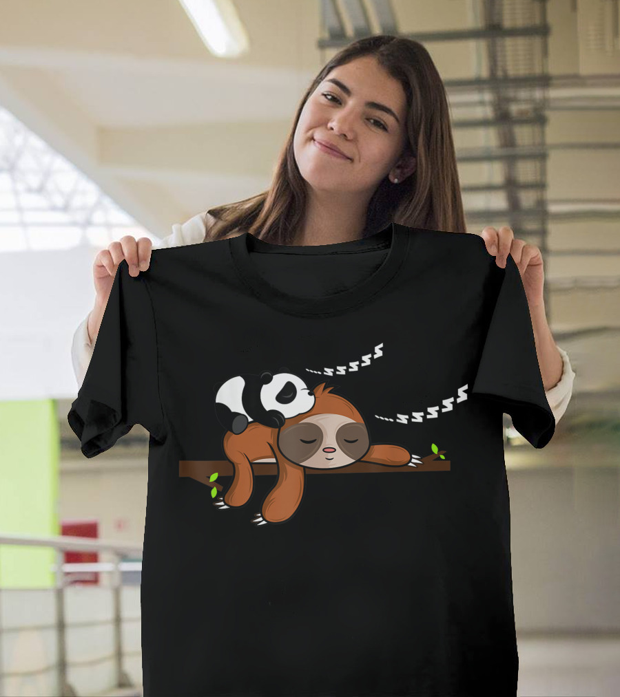 Lazy Panda Bear Resting on Sleeping Sloth with ZZZs on Branch T-Shirt