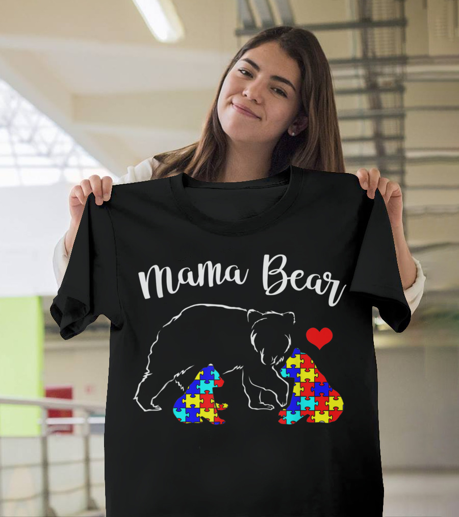 Mama Bear with Puzzle Pattern Cubs and Heart for Autism Awareness T-Shirt