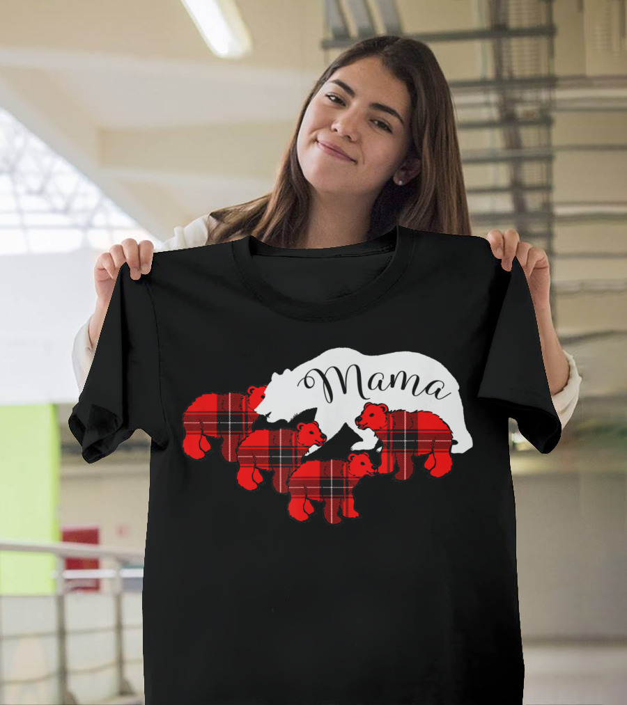 Mama Bear with Four Red Plaid Cubs Mom T-Shirt
