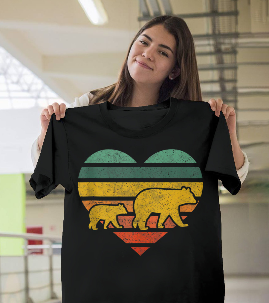 Mama Bear One Cub Retro Heart T-Shirt