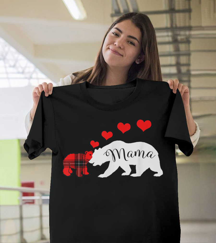Mama Bear Hearts Buffalo Plaid Cub Valentine's Day T-Shirt