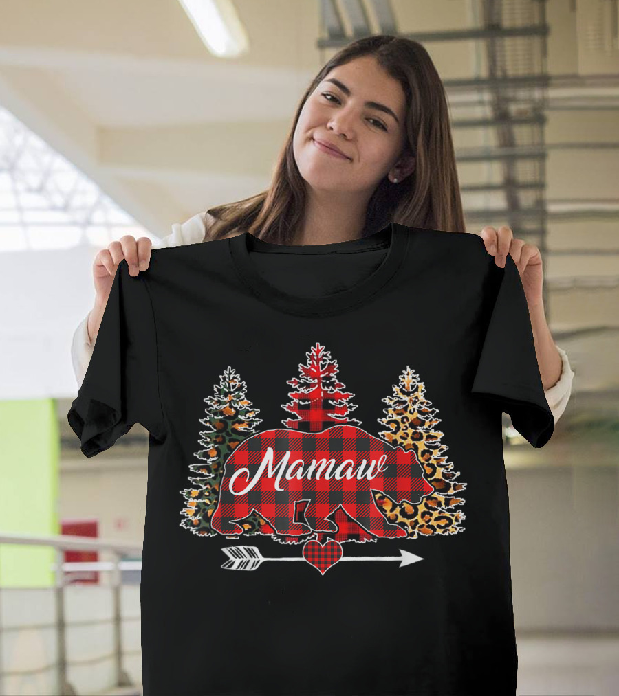 Mamaw Bear Buffalo Plaid Leopard Christmas Trees Family Holiday T-Shirt