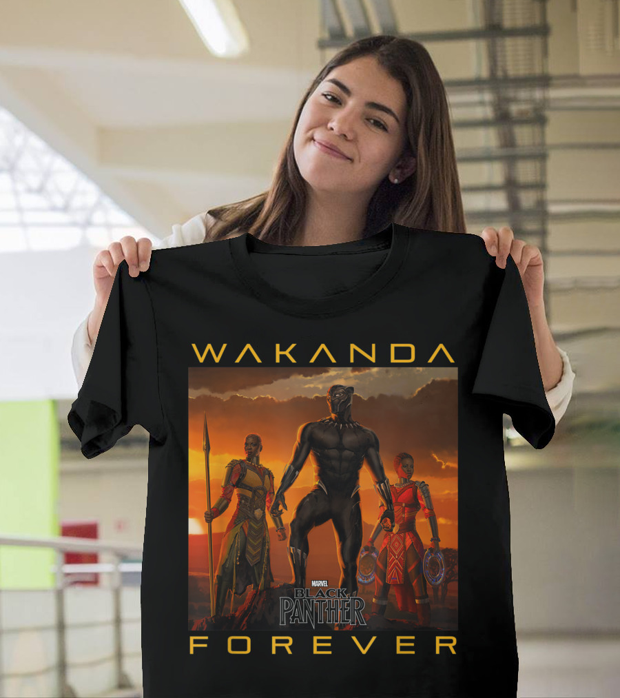Marvel Black Panther Wakanda Forever Sunset Scene with Warriors T-Shirt