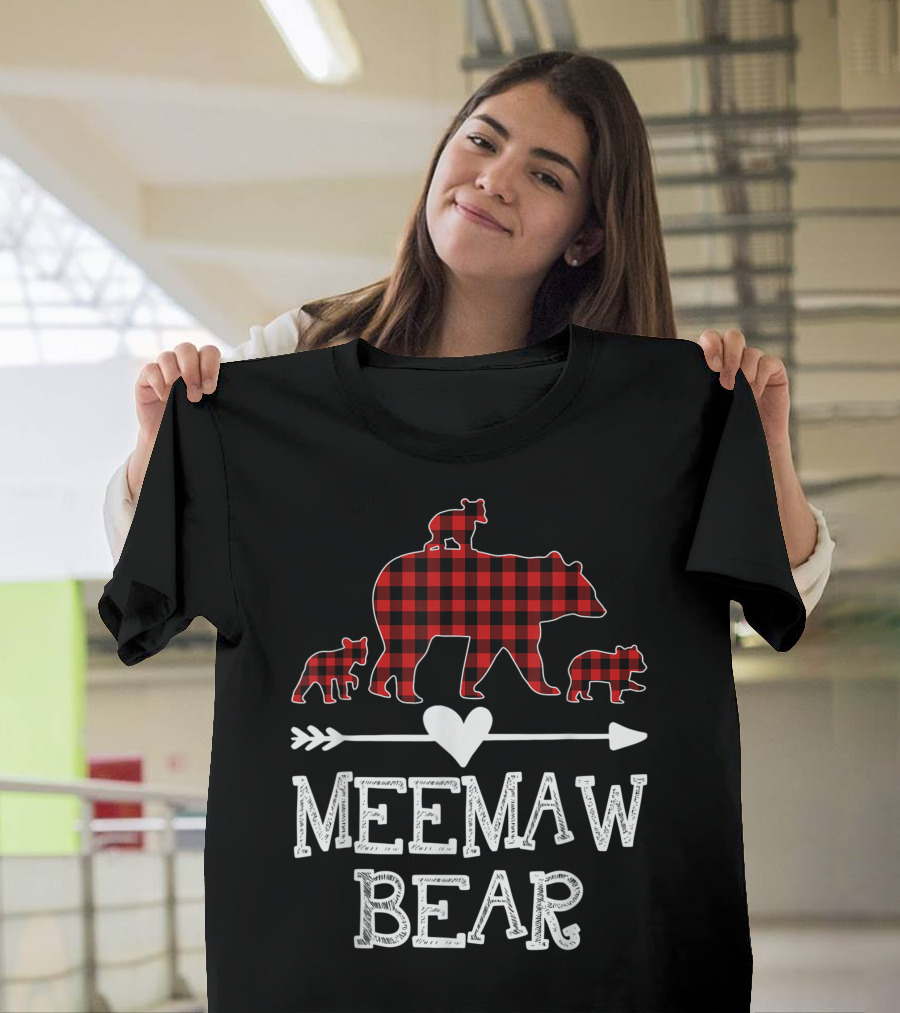 Meemaw Bear Red Plaid with Three Cubs and Heart Arrow T-Shirt