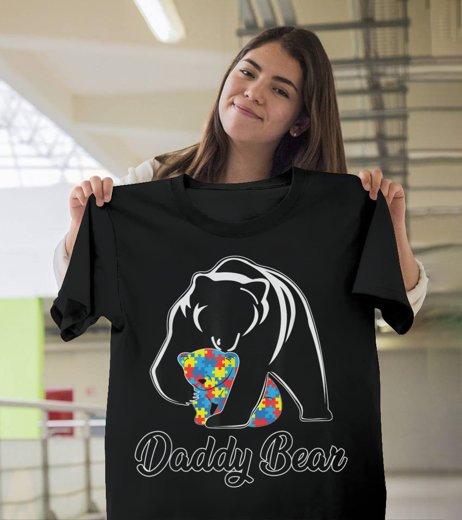 Mens Daddy Bear Autism Awareness Puzzle Pattern Family T-Shirt