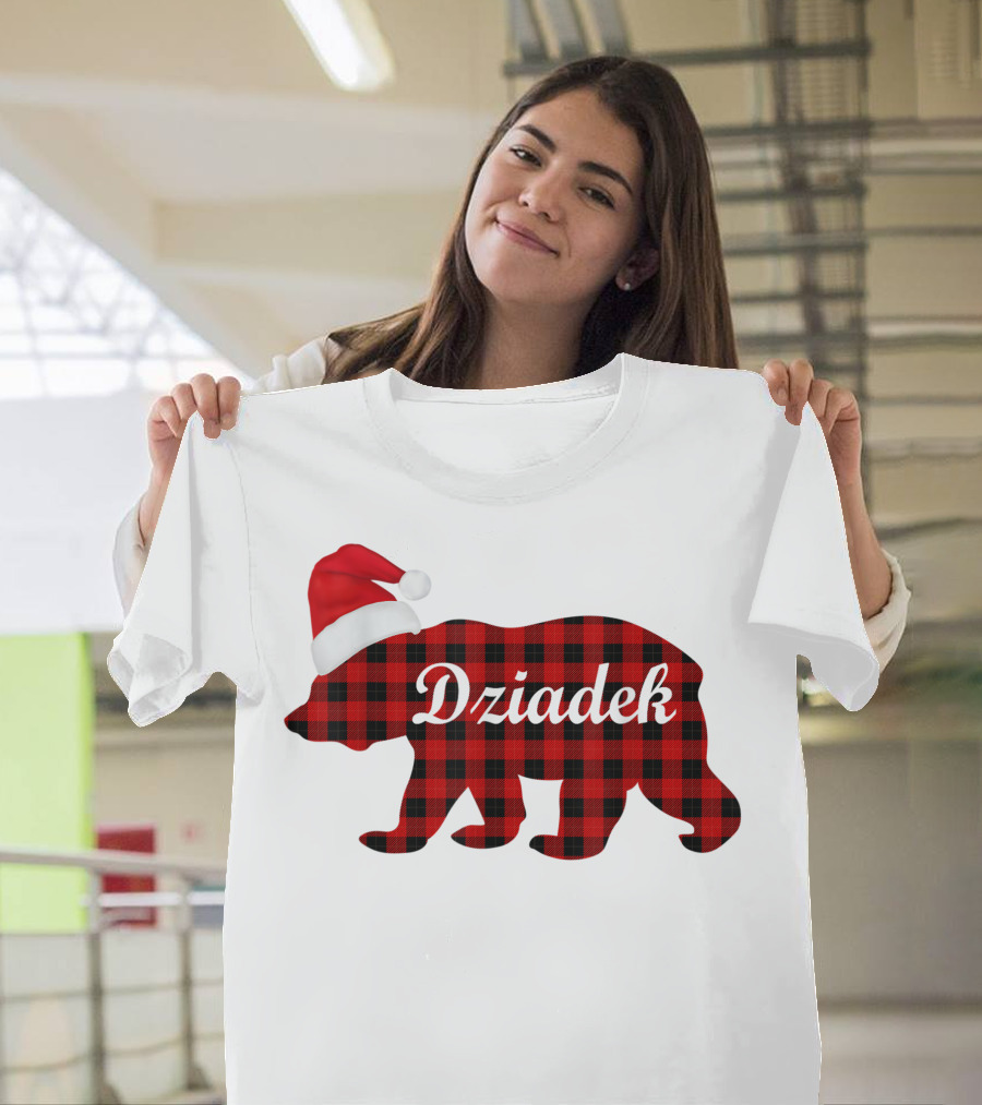 Dziadek Christmas Plaid Bear with Santa Hat T-Shirt