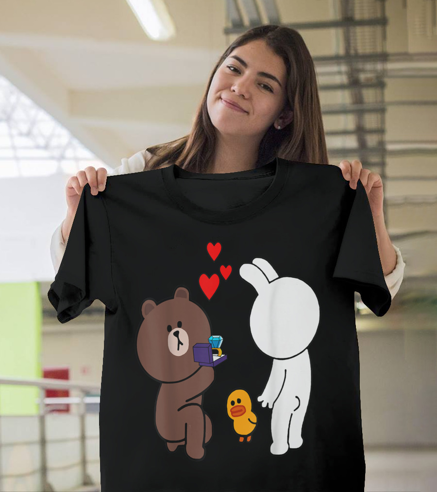 Brown Bear Cony Bunny Rabbit Engagement Ring Proposal with Hearts and Duck T-Shirt