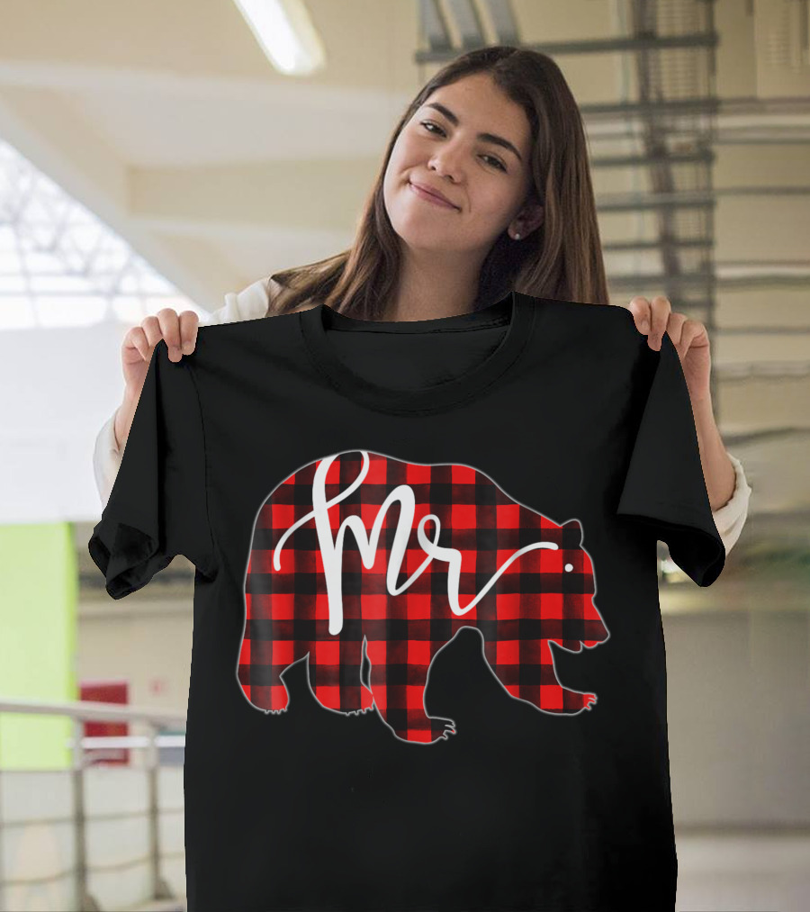 Mens Red Plaid Mr Bear Newlywed Married Matching T-Shirt