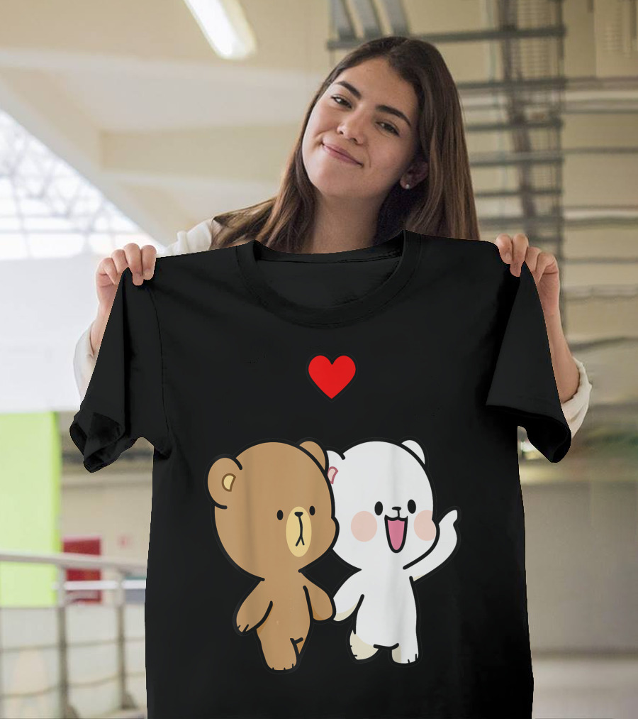Milk Mocha Bear Walking In Love Valentines Heart Duo T-Shirt