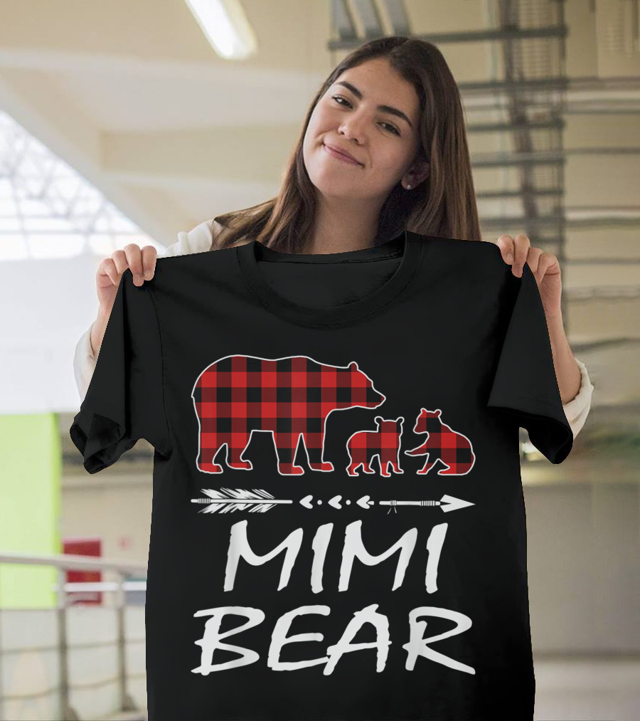 Mimi Bear Two Cubs Red Plaid Arrow T-Shirt