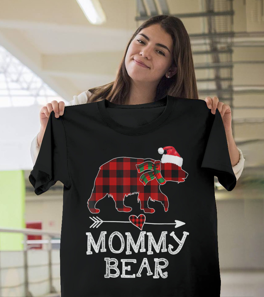 Mommy Bear Christmas Red Plaid Buffalo Santa Hat Bow Family T-Shirt
