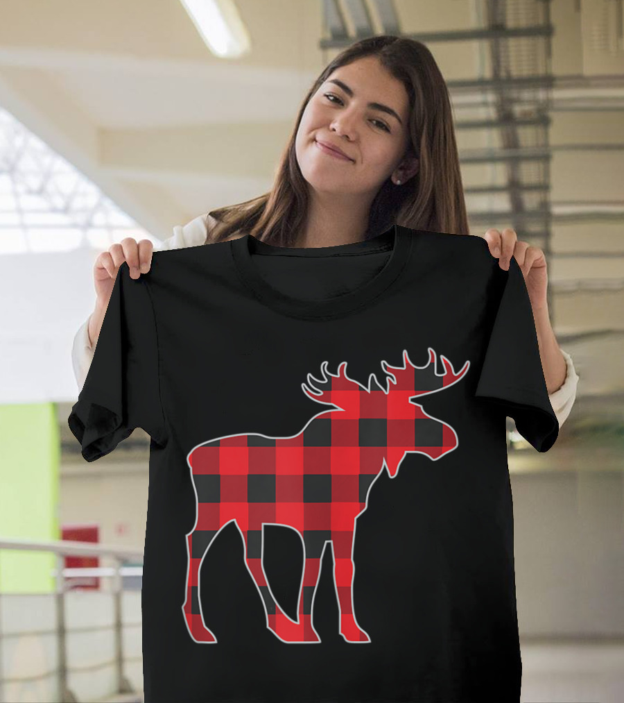 Moose Elk Buffalo Check Plaid Lumberjack Christmas T-Shirt
