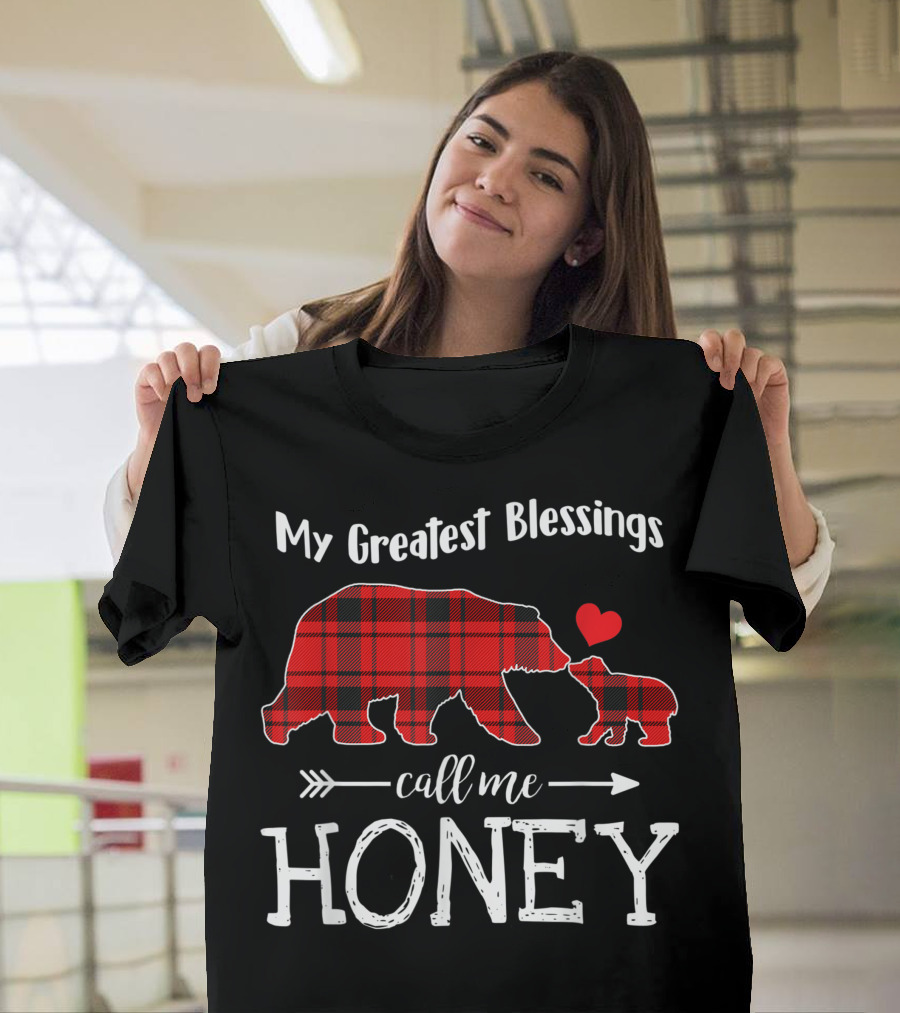 My Greatest Blessings Call Me Honey Bear Red Plaid Heart T-Shirt